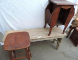 Primitive bench, tramp art magazine stand and stool.