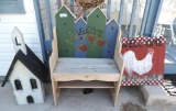 Welcome bench, rooster and birdhouse.