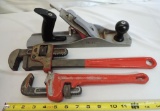 Two pipe wrenches and Miller falls 814B wood plane.
