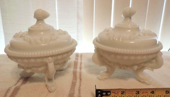 Two rare Westmorland sea shell milk glass covered dish.
