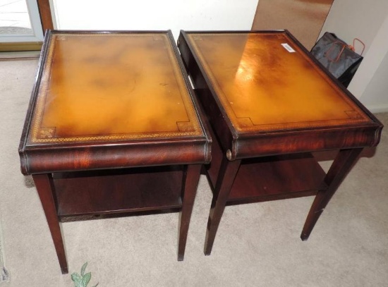 Pair of Stickley leather top end tables.