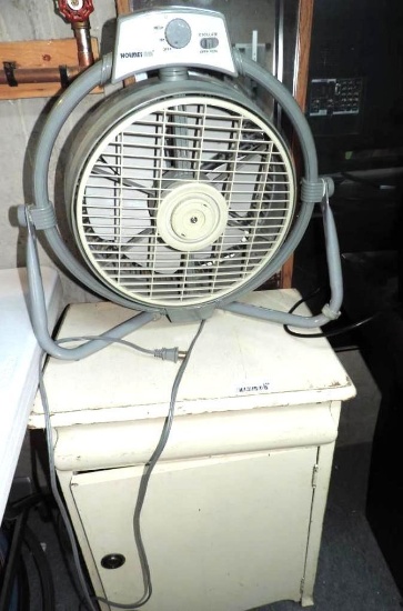 Vintage white commode and a Holmes air fan.