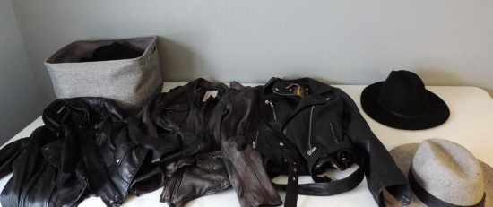 Women's leather jackets and Banana Republic hats.