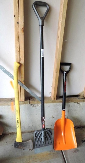 Suncast steelcore scraper, Black diamond shovel and Fiberpro axe.