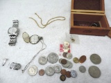 Assortment of coins and watches,