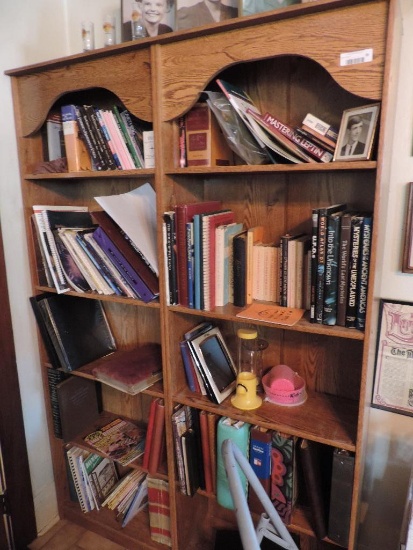 Book shelves and contents.