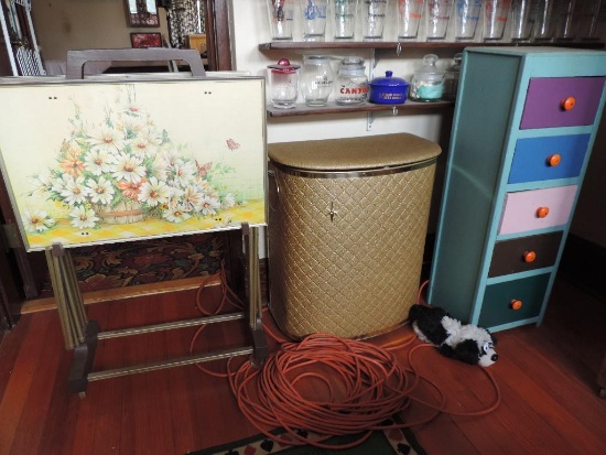 Vintage TV treys, clothes hamper and wooden 5 drawer cabinet.