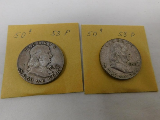 1958 US Franklin half dollar coins
