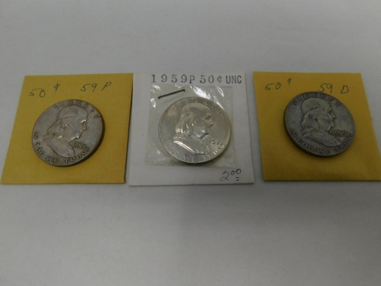 1959 US Franklin half dollar coins