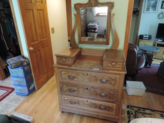 Walnut Top Box Dresser with Mirror and Marble