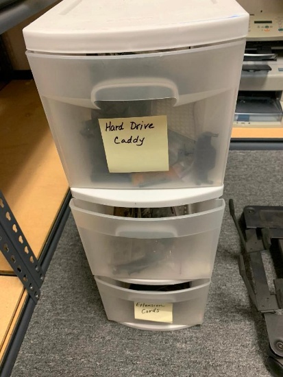 Oraganizing Drawer with Hard Drive Caddys and more. Rolling Computer Stand