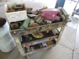 Garage cart loaded with pipe bending heads.