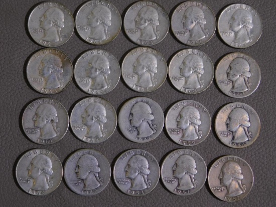 Twenty Pre 1965 Washington quarters