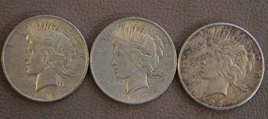 Three 1922 Peace dollar coins