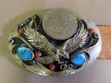 Artist signed Turquoise and silver belt buckle and belt