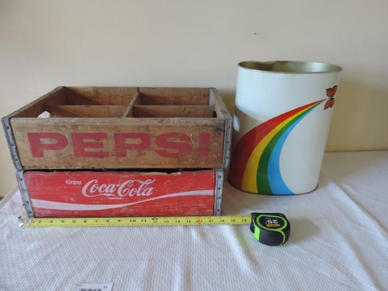 Vintage Soda crates & Cheingo butterfly trash can.