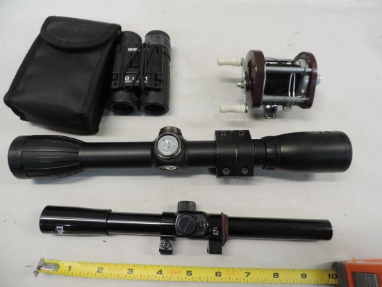 Gamo 22 special 4x32 scope, Bushnell 8x21 binoculars and more.