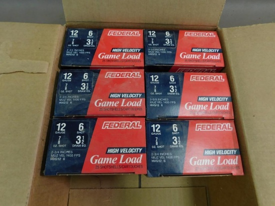 Federal 12 gauge #6 shotgun shells Six 25 rd. boxes of #6 shot. No shipping to AK or Hi. 010303.