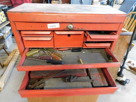 Red toolbox with hand tools