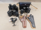 Binoculars fishing reel and holsters