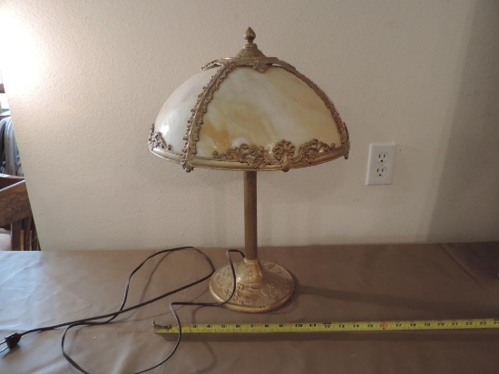 Bigelow Kennard Art Nouveau cast iron painted slag glass lamp.