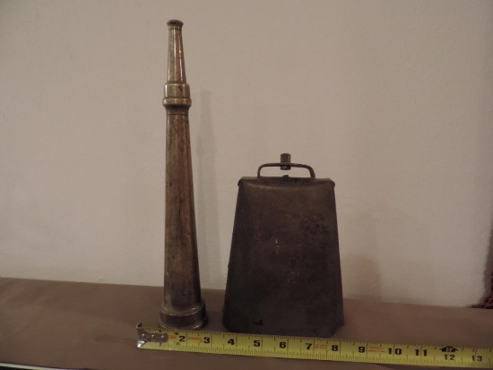 13" Brass fire nozzle and cow bell.