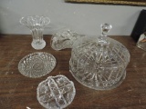 Heavy pressed glass cake plate & more.