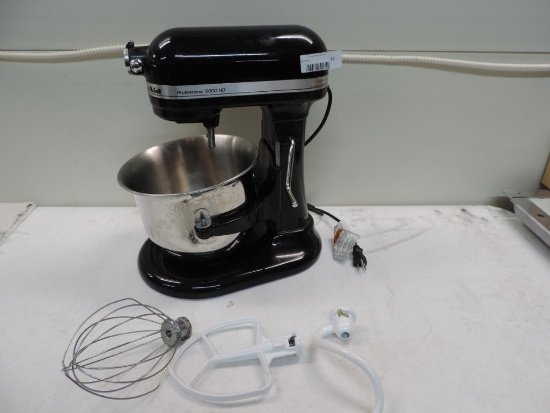 Black Kitchen Aid Professional 6000 HD mixer with attachments.