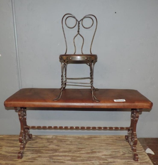36x12x17" cast iron bench with 22" antique metal child's chair.