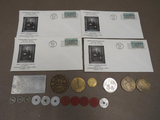 First Day Cover Stamps, Colorado Tax Tokens and misc. Medallions