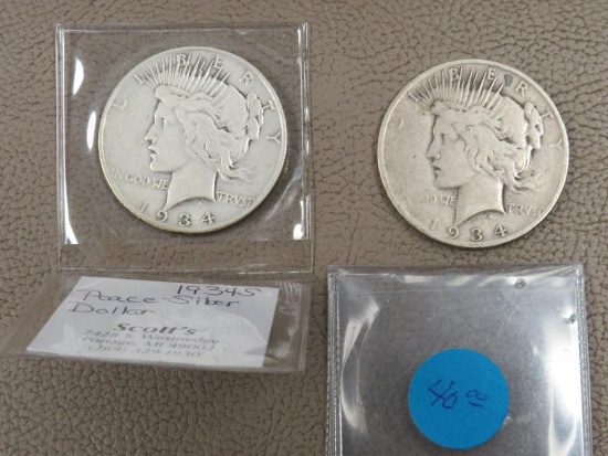 Two 1934 "S" Peace Silver Dollar Coins