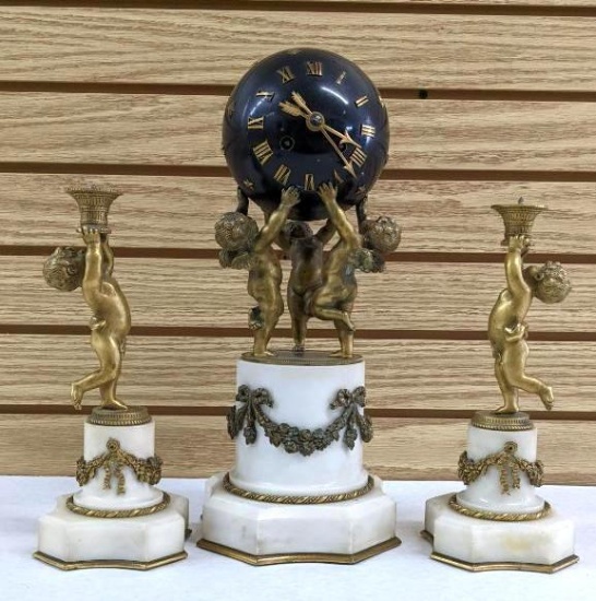 19th Century Napoleon II French Gilt Bronze and Marble Clock w/ 2 Candleholders