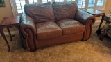 Leather Loveseat and Antique Side Tables