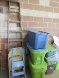 Wooden Ladder, Metal Folding Chairs and Poly Storage Tubs