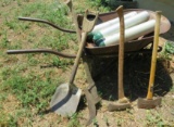 Wheel barrow and antique hand tools