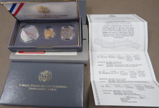1991 US Mt Rushmore 3 Coin Gold and Silver Set