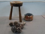 Hand Hammered Copper Pot with Leather Top Antique Stool