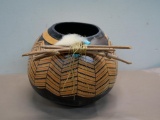 Carved Gourd Pot by Decristno with Turquoise and Feather