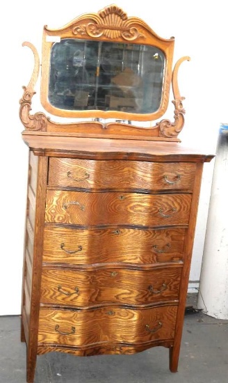 Gorgeous Oak Serpentine Front tall chest with beveled Mirror