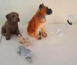 Four Ceramic Dogs & Marked Crystal Cat