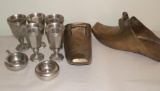 Two Antique Brass Conquistador's & 7 Pieces of Pewter