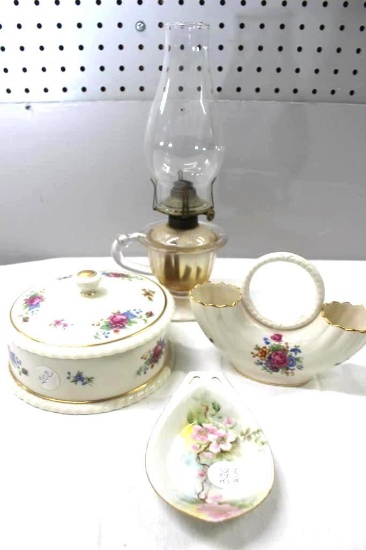 Antique Floral Ceramics and Oil Lamp