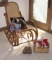 Wood Rocking Chair, Raggedy Ann Dolls, and Clogs