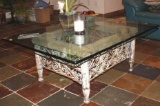 Reclaimed Wood and Metal Glass-Topped Table