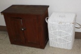 Antique Wood Cabinet and Wicker Basket