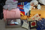 Child's Bedding, Stuffed Animals, and Embroidered Pillows