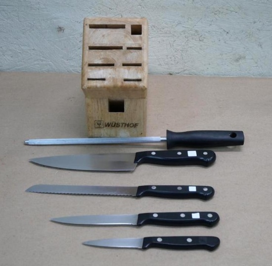 Four Wusthof Knives with block & Sharpener
