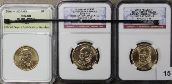 Three Slabbed US John Adams & John Quincy Adams $1 Coins