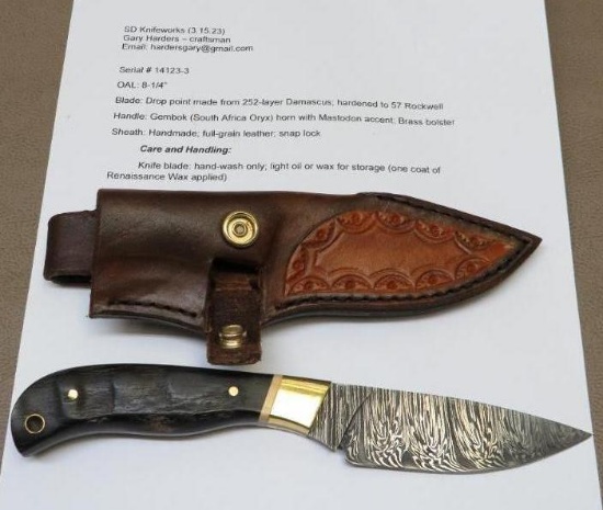 SD Knife Works Gary Harders Custom Damascus Drop Point Hunting Knife