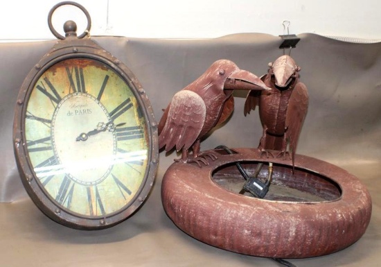 Metal Water Fountain and Replica Antique Clock